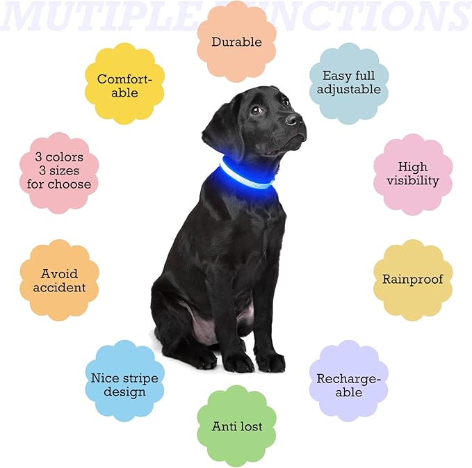 YFbrite Full Adjustbale LED Dog Collar, Full Illuminated Light up Dog Collars, Reflective Dog Collar Light Glowing in The Dark for All Dogs Safety (Small, Blue-2)
