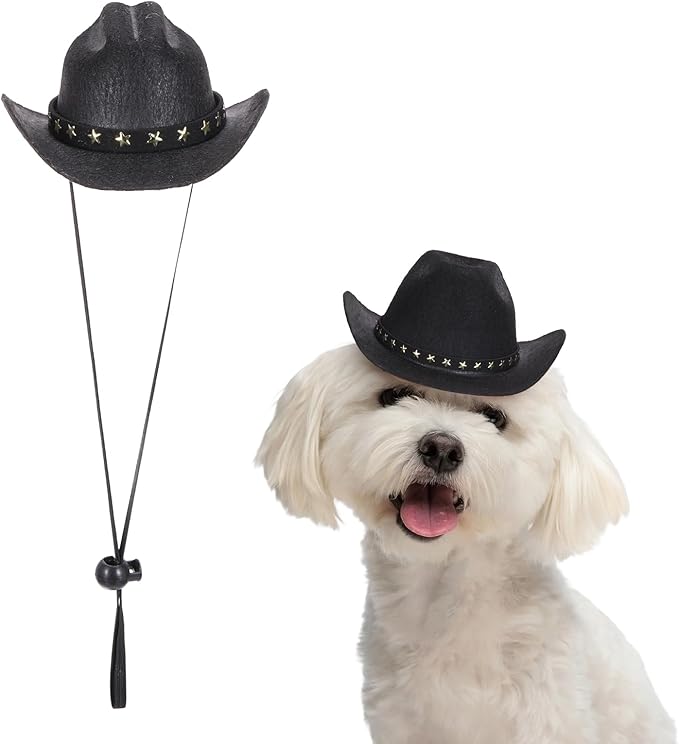 Dog Cowboy Hat, Mini Cowboy Hat for Pet with Chin Strap Adjustable Cosplay Cap, (Black, S), Intended for Dogs and Cats/Halloween Costume/Party Decoration