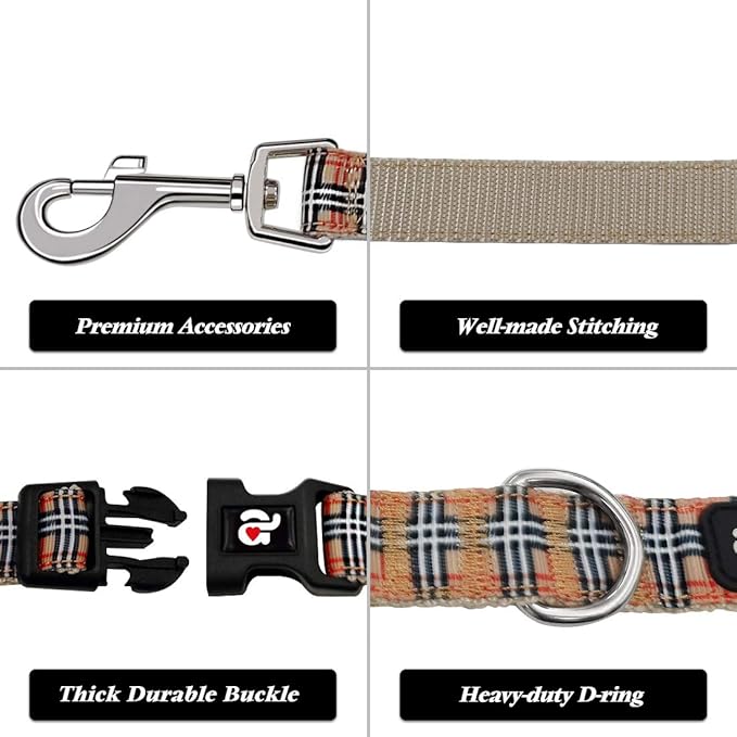 azuza Dog Collar and Leash Set, Classic Plaid Dog Collar with Matching Leash for Small Dogs, Great for Christmas, New Year, Festivals and Daily Use
