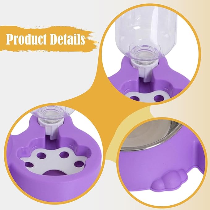 Dog Bowl with Automatic Water Bottle Practical Pets Water and Food Bowl Set for Small Medium Dogs Puppy- Violet