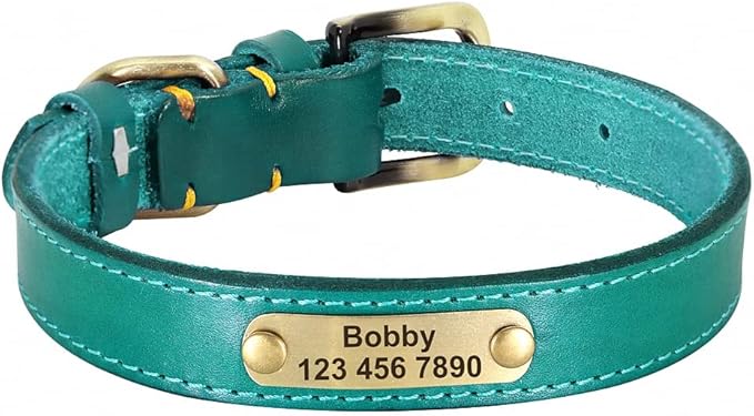 Personalized Leather Dog Collar Custom Dog Collars Leather Gold Buckle Pet ID Collar for Small Medium Large Dogs Dobermann Blue XS