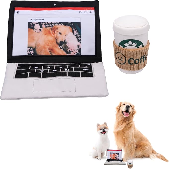 Interactive Dog Toy Set, Squeaky Laptop Computer and Coffee Cup, City Life Theme