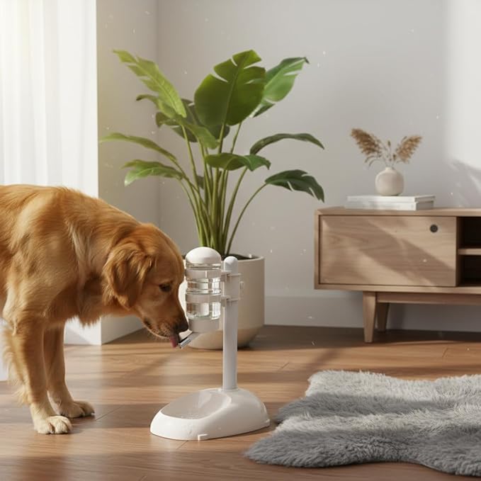 Pet Standing Water Dispenser, Plastic Height Adjustable 500ml Capacity Dog Water Bottle Dispenser Automatic Dog Feeding Station Food for PuppyBowl (Beige)