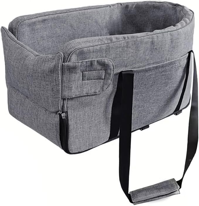 Center Console Dog Car Seat with Safety Strap Soft Cotton Cushion Detachable Armrest Pet Seat for Small Dogs Cats Under 14lbs Portable Travel Bag for Cars SUVs (Light Grey)