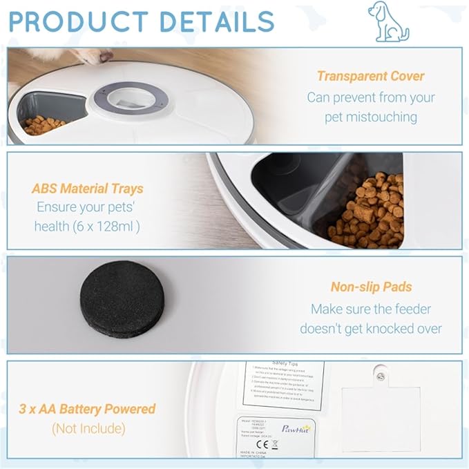 GUTTATY Automatic Pet Food Feeder Dispenser with 6 Trays, 128ml Capacity, LED Display, White/Grey