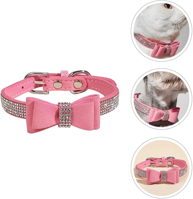 Pet Dog Collar Rhinestone Bow Tie Adjustable Microfiber XXS 25cm Pink Bling Collar for Small Cats and Puppies