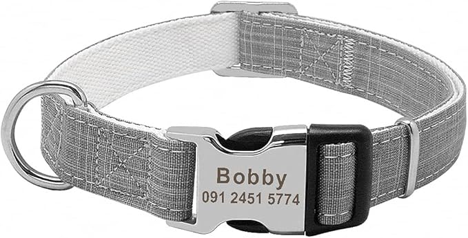 Fashion Nylon Personalized Dog Collar Engraved Name Dog Collars Custom Puppy Pet Collar ID Tag for Small Medium Large Big Dogs Grey M