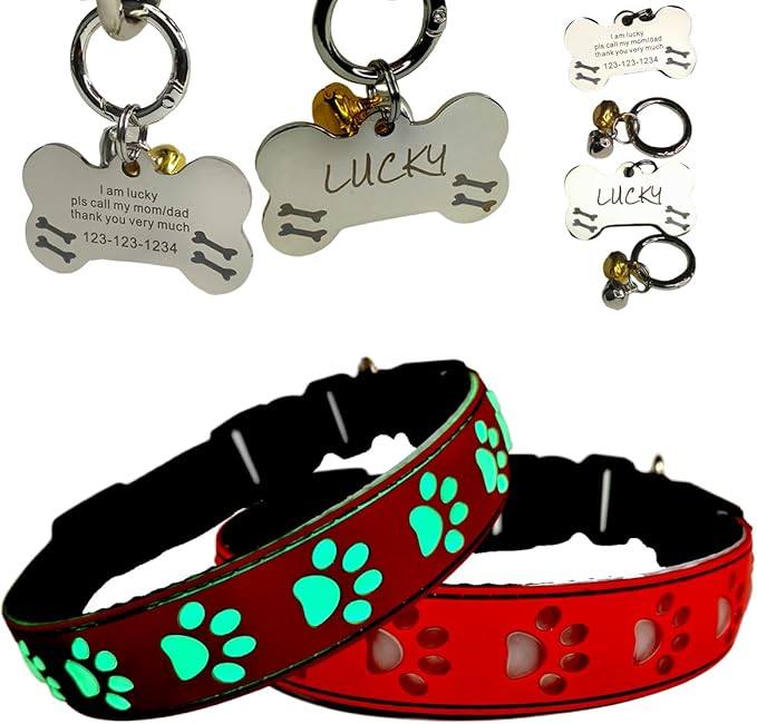 LED Dog Collar with Paw Print Design, 15 Light Modes, Waterproof, Includes Bone-Shaped Name Tag, Multiple Colors (RED, XL(19.7-23.6"))