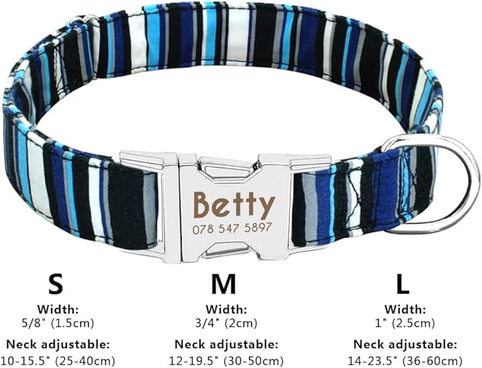 Personalized Dog Collar Nylon Print Dog Collars Customized Puppy Pet Collar Engraved Name ID for Small Medium Large Big Dogs Pug 012 Blue L