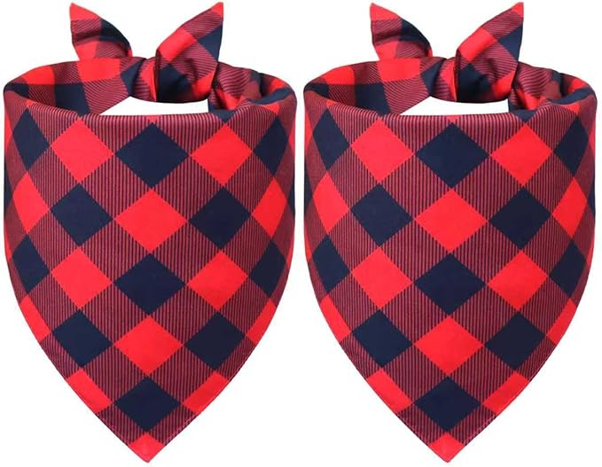 Plaid Dog Bandanas 2 Pack for Small Medium Dogs - Reversible Red Black Buffalo Check Scarf, Farmhouse Style Pet Accessory for Photos & Parties