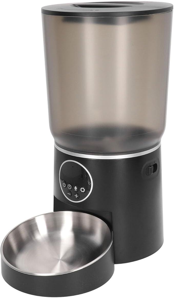 Automatic Pet Feeders, 5L Dual Power Support Smart Timing ABS Cat Dog Food Dispenser with Stainless Steel Bowl (Button