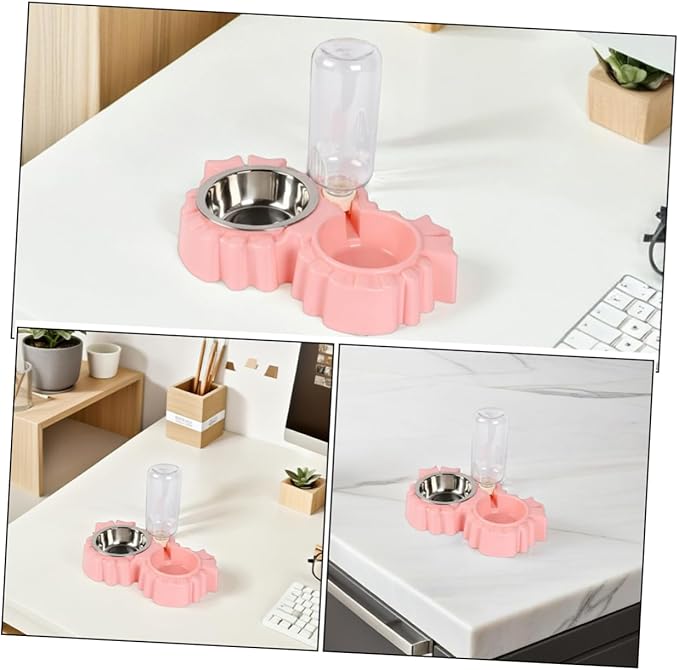 Double Dog Bowls Automatic Waterer Bottle for Pets Non-Slip Design for Cats and Dogs Easy Hydration and Feeding Station in Pink