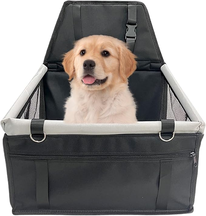 Waterproof Carrier Bed - Puppy Travel Seat, Dog Car Booster | Adjustable Buckle Harness Crate, Storage Pocket Basket, Removable Cushion with Driving Scenario