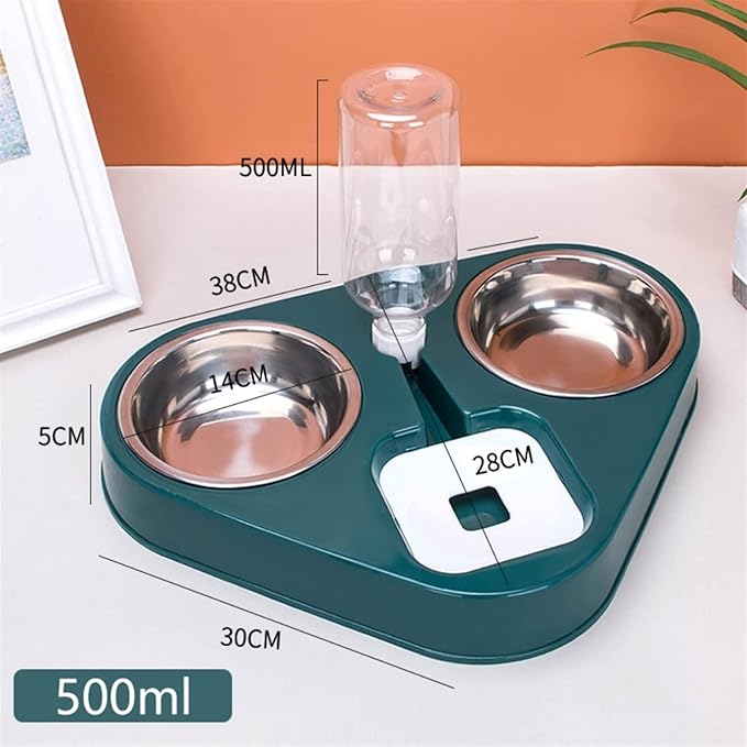 Dog Water Bottles Stainless Steel Pet Cat Food Bowl Double Bowl 3 Bowls Automatic Dog Cat Feeder Bowl Drinking Bowl with 500ml Dog Water Bottle(B)