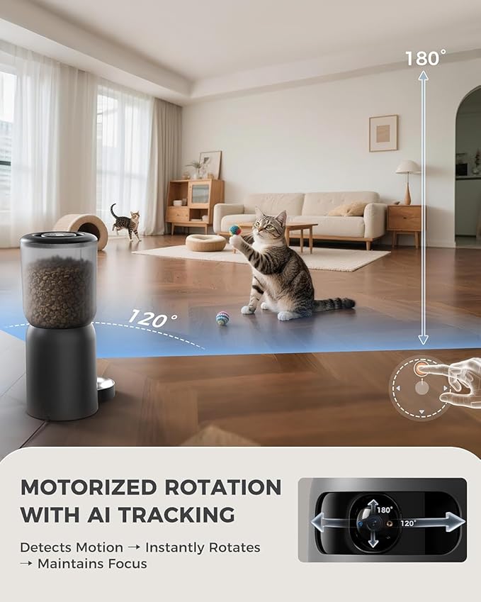 5L Automatic Cat Feeder with Dual 2K HD Camera, 2.4G / 5G WiFi Cat Food Dispenser with Cats Recognition& Diet Tracking, Laser Interactive Toy & Two-Way Audio