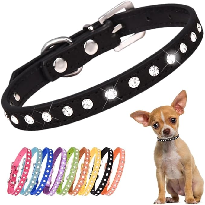 Serijoars Puppy Dog Collar with Crystal Diamond Colorful Bling Girl Puppy Small Dog Cat Collars (XS, Black)