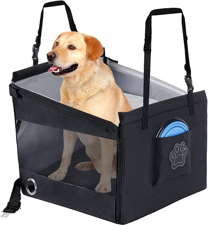 Black Portable Dogs Car Seat for Travel Dogs, Safety Leash, Adjustable Straps, Medium Dog Car Seat, Dog Travel Bed Washable Foldable, with Storage Pockets