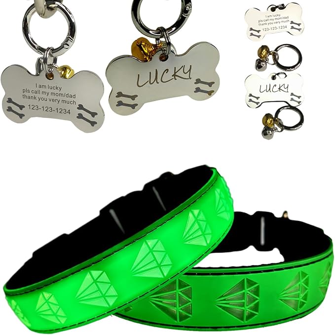 LED Dog Collar with Diamond Pattern, 15 Light Modes, with Bonus Pet ID Tag and Bell (Green, S(7.87-11.8"))