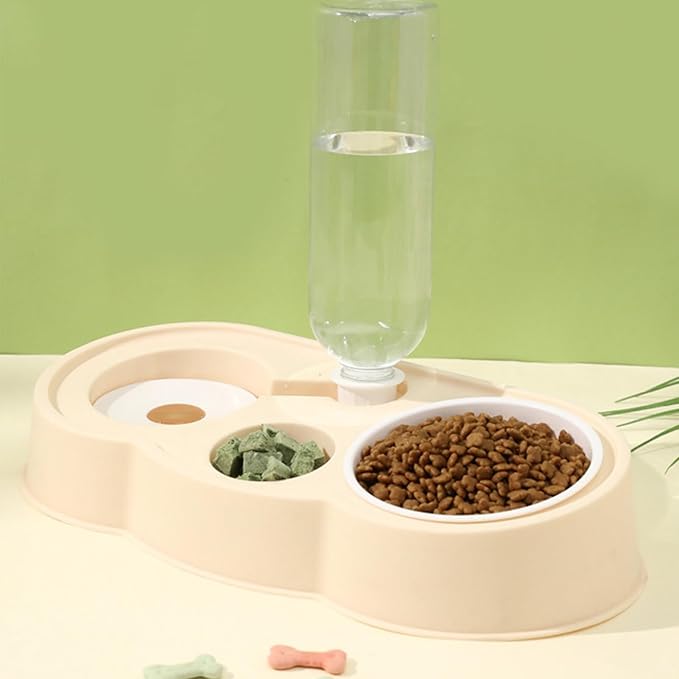 Pet Water and Food Bowl Set, Stable Prevent Slip Double Pet Bowls with Automatic Water Dispenser Bottle, Double Dog Cat Bowls Pet Feeding Bowls for Cats Small Dogs(Yellow)