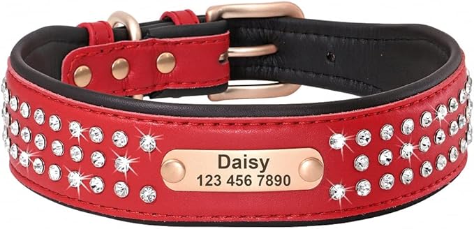 Personalized Crystal Leather Dog Collar Custom Rhinestone Dog Collars with Buckle Free Engraved ID Collar for Medium Large Dogs Red XL