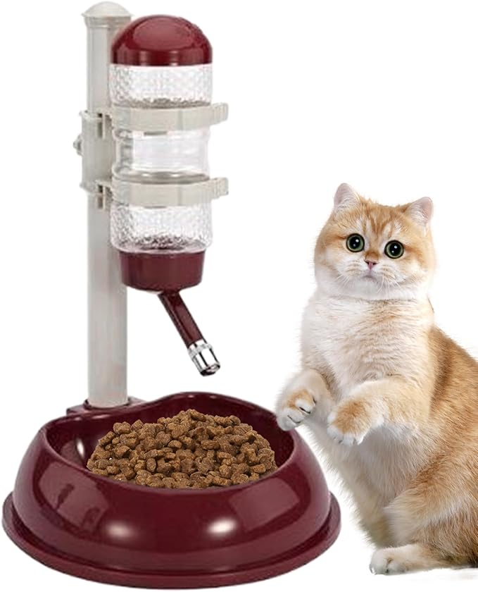 Dog Water Bottle Dispenser and Food Bowl, No-Drip Automatic Dog Water Bowl Dispenser with Adjustable Stand, Detachable Pet for and Cat, Wine Red