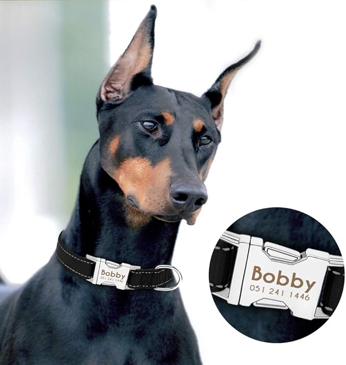 Personalized Dog Collar Durable Nylon Reflective Collar Custom Pet Dogs Collars for Small Medium Large Dogs Black M