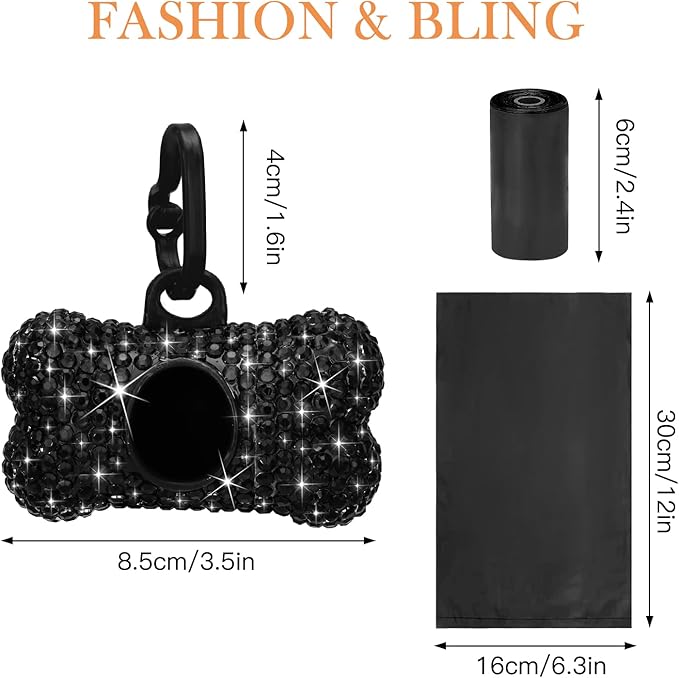 SAVORI Dog Poop Bag Holder Bling Crystal Dog Waste Bags Dispenser for Pet Dog Doggy with Carabiner Clip Includes 1 Roll 15 Bags (Black)
