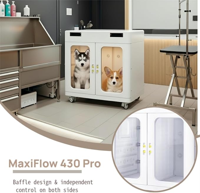 Pro Dog Cat Dryer, 430L Large Pet Grooming Blower Box for Giant Breeds up to 130lbs | High-Efficiency, Quiet <40dB Drying with Smart Temp Control & Negative Ion Care