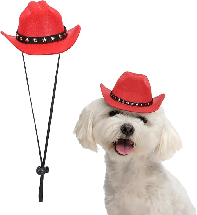 Dog Cowboy Hat, Mini Cowboy Hat for Pet with Chin Strap Adjustable Cosplay Cap, (Red, S), Intended for Dogs and Cats/Halloween Costume/Party Decoration