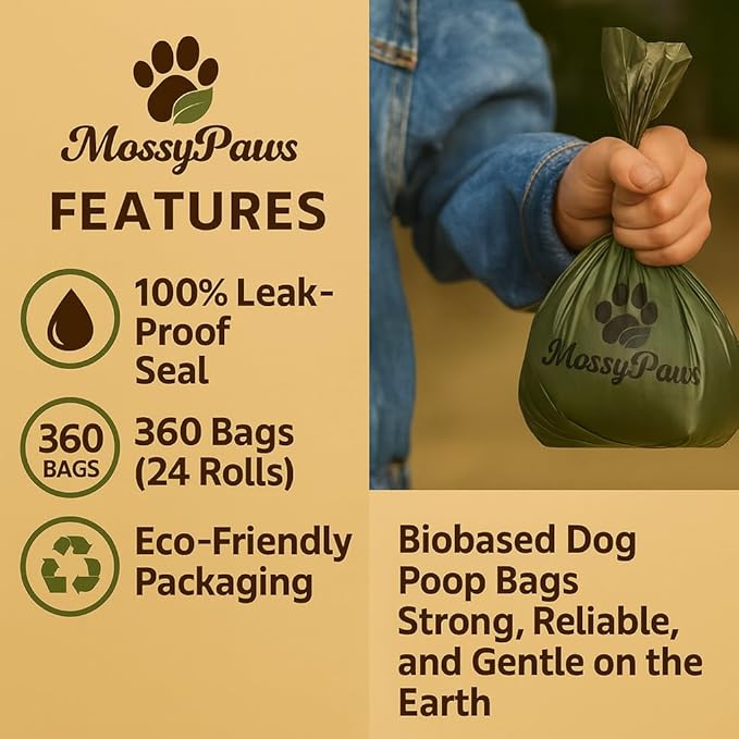 MossyPaws Biobased Dog Poop Bags – 360 Count (24 Rolls) – Plant-Based, Leak-Proof, Durable – Eco-Friendly Pet Waste Bags with Recyclable Packaging – 9x13 Inch – Fits All Dispensers