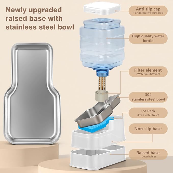 1.1 Gallon Pet Automatic Dog Water Dispenser Cat Gravity Waterer Feeder with Stainless Steel Bowl Large Capacity Puppy Feeding Raised Bowls with Filter,Ice Pack (White, 4L(1.1 Gallon))