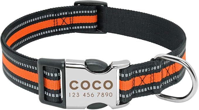 Custom Pet Dog Collar Leash Reflective Nylon Small Dog Puppy Collars Personalized Pitbull Medium Large Dog Collar Engrave Name Orange S
