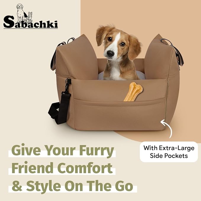 Car Seat | Waterproof Dog Booster for Car | Easy-to-Carry Dog Bed Up to 30 Lbs with Handles & Storage (Mocha)