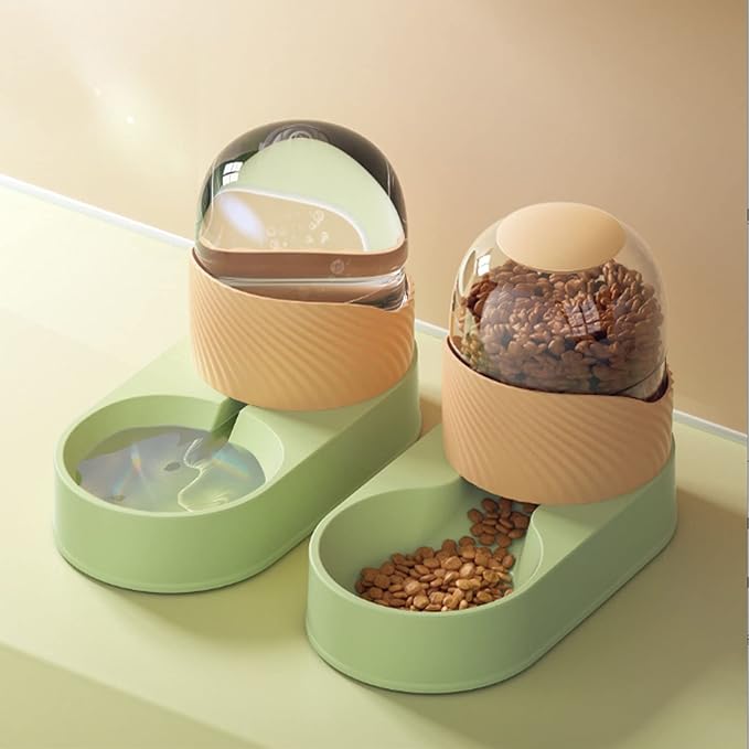 Automatic Cat Feeder and Water Dispenser,Pet Food Feeder and Waterer Set Pets Cats Dogs Automatic Waterer and Food Feeder for Small Medium Cats Dogs Big Capacity (Green Orange)