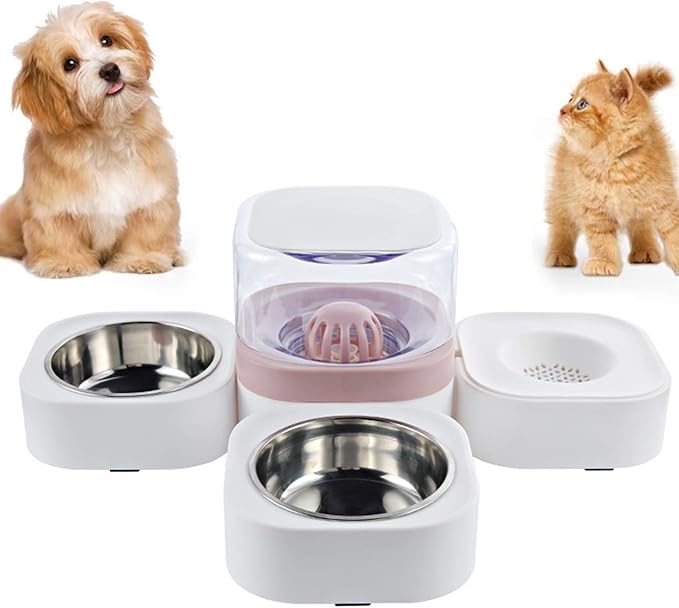 2 in 1 Pet Automatic Water Dispenser and Food Bowl Set, Durable & Detachable Stainless Steel Feeder Bowl,No-Spill Self-Dispensing Gravity Waterer for Small Dogs and Cats1.8L