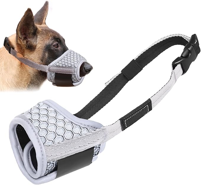 LUCKYPAW Dog Muzzle Anti Biting Barking and Chewing with Comfortable Mesh Soft Fabric and Adjustable Strap, Suitable for Small, Medium and Large Dogs(Gray(3D Mesh),L)