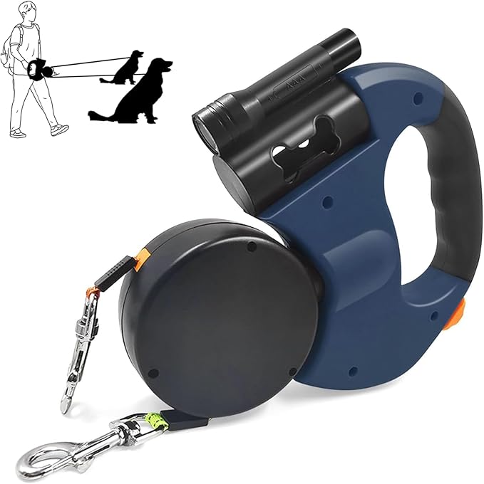 Dual Dog Retractable Leash with Flashlight & Poop Bag Holder, 360° Rotating Double Pet Leash for Small to Large Dogs – Hands-Free Dog Walking Accessory (C)