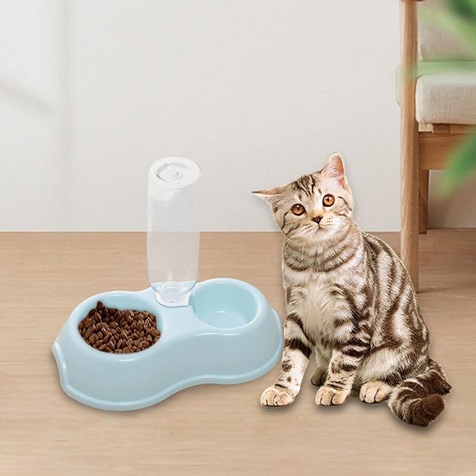 Double Cats Dogs Bowls Automatic Waterer Bottle Puppy Drinker Dish Pet Feeding Station Pets Water and Food Bowl Set for Small Animals Bunny, Blue