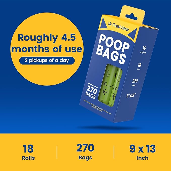 Dog poop bags rolls, Extra Thick & Leak-Proof Doggie Bags, Lavender Scented Pet Waste Bags Made from 70% Certified Recycled Plastic, Easy Tear & Open Poop Bags for Dog Walking, 18 Rolls (270 Counts）
