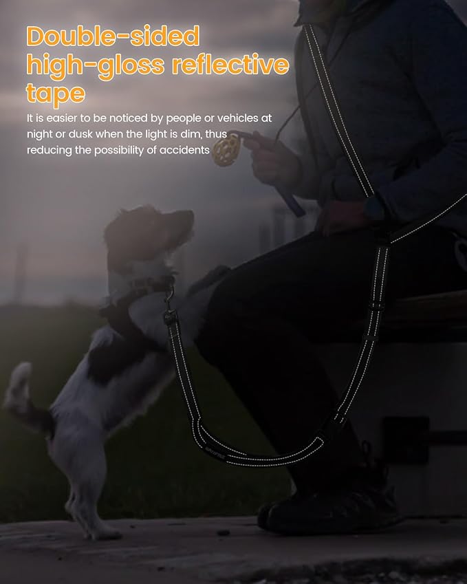 Hands Free Dog Leash, Pet Car Seatbelt, 2-in-1 Multifunctional Crossbody Dog Leash, 5.9-9.2Ft Waist Belt with Double-Sided Reflective for Walking, Hiking, Travel etc.(Black)