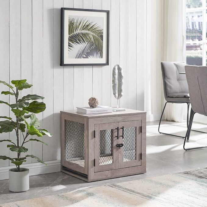 unipaws 25.5 Inch Dog Crate Furniture, Wooden Dog Kennel for Small Breed, Indoor Wood Dog Cage, Inside Side End Table Crate with Tray and Dog Bed for Puppy, Cats, Min Pigs, Rabbit, Up to 25 lbs