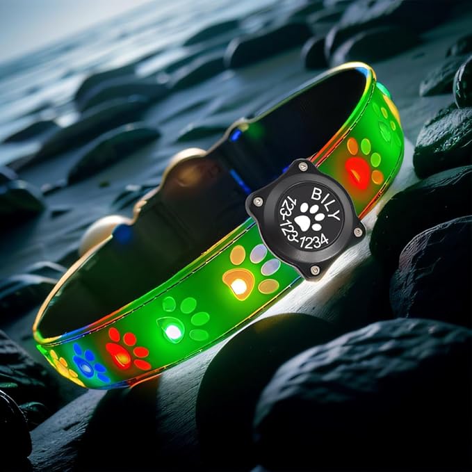 Personalized Flashing USB-C led Light up Dog Collar with Airtag Holder, Waterproof,15 Modes Changing (Green PRO, XL(19.7-23.6"))