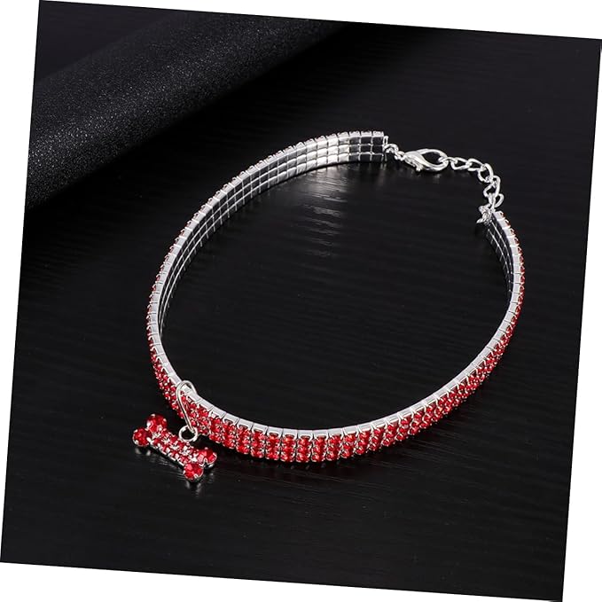 Rhinestone Pet Dog Collar Adjustable Crystal Dog Collar with Mini Bone Pendant Red M Size for Puppy