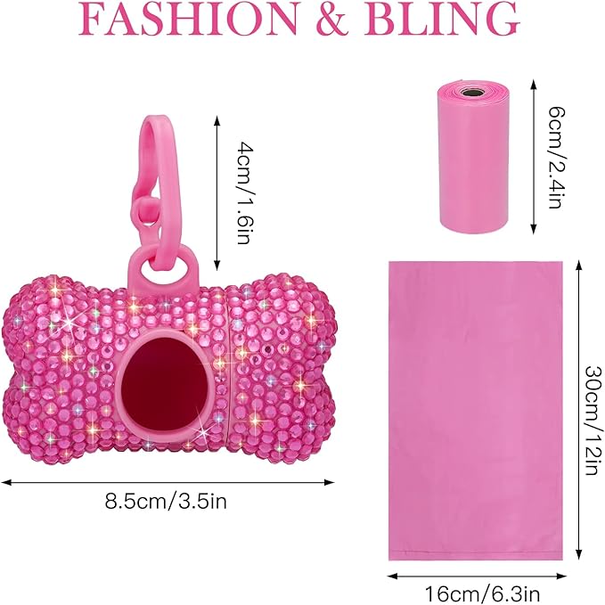 SAVORI Dog Poop Bag Holder Bling Crystal Dog Waste Bags Dispenser for Pet Dog Doggy with Carabiner Clip Includes 1 Roll 15 Bags (Hot Pink)