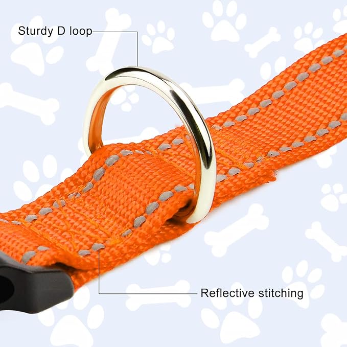 FunTags Reflective Dog Collar, Sturdy Nylon Collars for Puppy and Extra Small Girl and Boy Dogs, Adjustable Dog Collar with Quick Release Buckle,Orange,3/8" Width