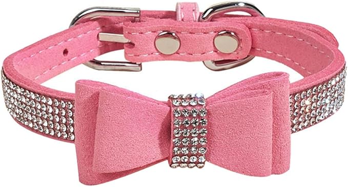 Pet Dog Collar Rhinestone Bowknot, Pink XXS 25X1.5Cm Microfiber Adjustable Outdoor Collar for Puppies and Small Dogs