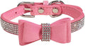 Pet Dog Collar Rhinestone Bowknot, Pink XXS 25X1.5Cm Microfiber Adjustable Outdoor Collar for Puppies and Small Dogs