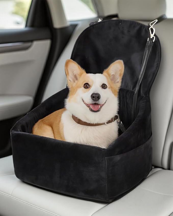 Dog Car Seat for Small Medium Dogs, Dog Booster Seat with Extendable Backrest, Pet Portable Car Seats up to 30 lbs, Washable Travel Bed with Storage Pockets and 2 Safety Leashes, Black
