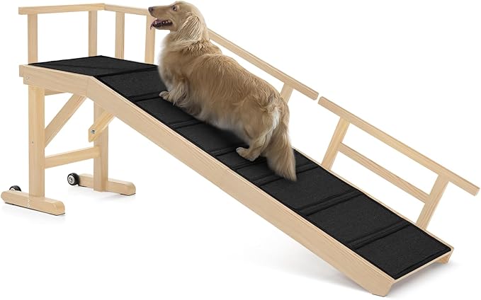 Dog Ramp for Bed or Couch, Wooden Pet Ramp with 20° Gentle Slope, Removable Side Rails, Non-Slip Surface, Top Platform & Wheels, Safe Bed Ramp for Small, Medium & Senior Dogs, 60" Long, Natural
