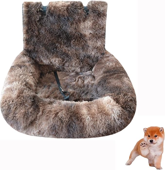 Dog Car Seat with Seat Belt Car Seat Dog Bed, Furry Safety Seat for Large and Small Dogs, Travel Pet Bed with Thick Cushions (Tie-Dye Dark Brown, 60×60cm)